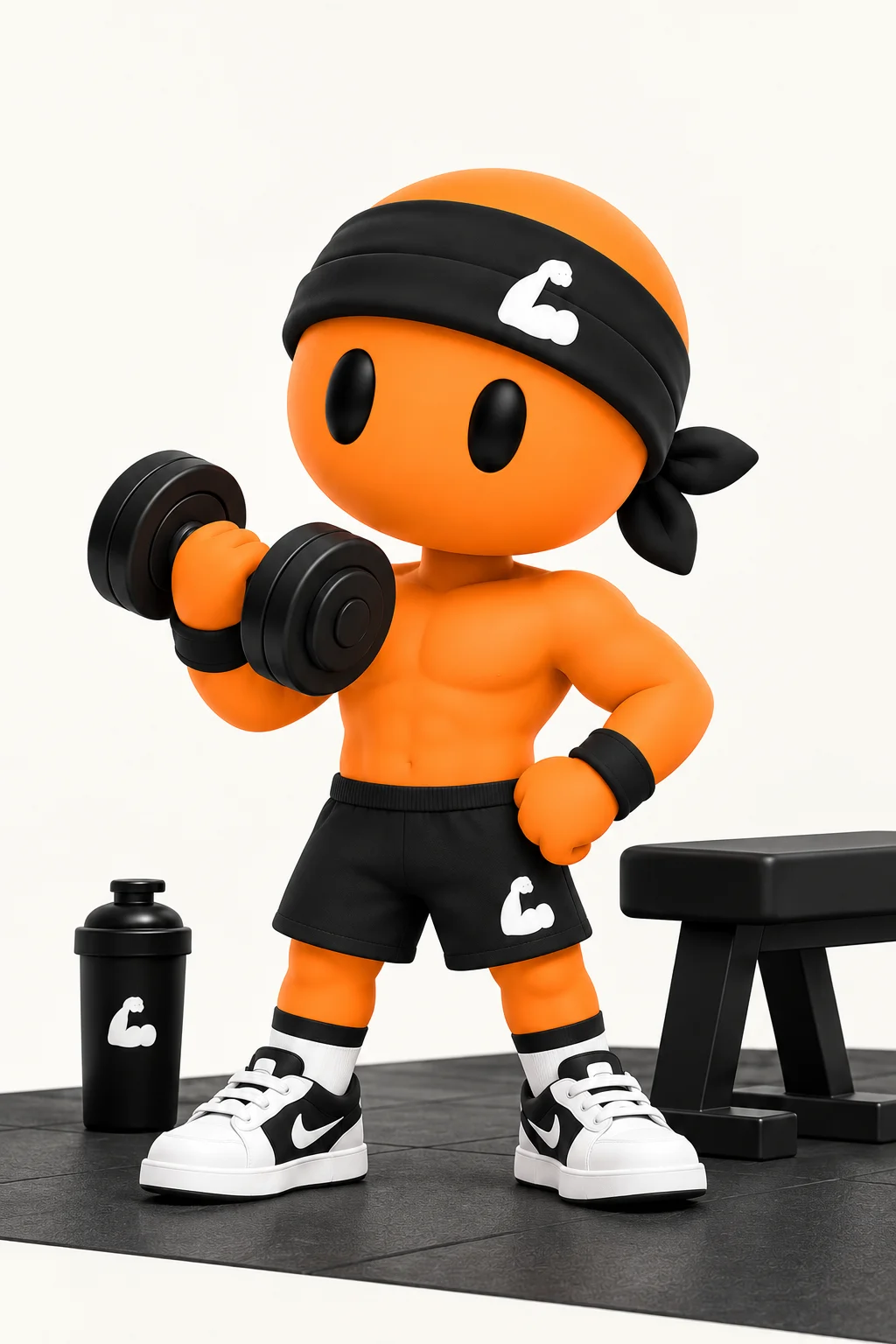 Mister Bibi, la mascotte orange, s’entraîne avec un haltère.